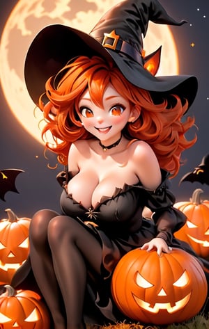 Best quality, masterpiece, ultra high res, (photorealistic:1.37), raw photo, 1girl, smiling American Woman, adult female, Red hair blowing in Wind, Black Witch's Skirt, Black Witch's Hat, Breasts exposed unbuttoned shirt, Dynamic Lighting, sitting on Orange Jack-O-Lantern Pumpkin. Cat nearby.