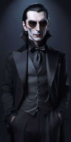 Halloween, use earphones:1.2, music, Dracula, wearing rebel sunglasses, neat suit, full body, Simple dark background