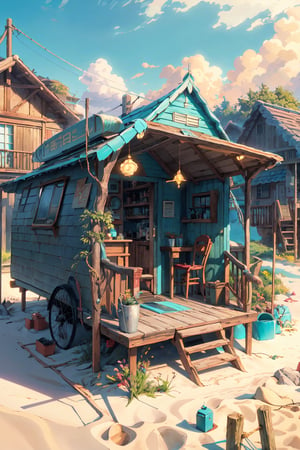 masterpiece, top quality, small cafe, beach hut, 'wood', exterior detail, beach hut, detailed perspective, 2 point perspective, daylight, local hut, Studio Ghibli, Makoto Shinkai anime style