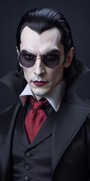 Halloween, use earphones:1.2, music, Dracula, wearing rebel sunglasses, neat suit, upper body, Simple dark background