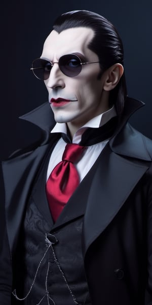 Halloween, 'use earphones', music, Dracula, wearing rebel sunglasses, neat suit, upper body, Simple dark background