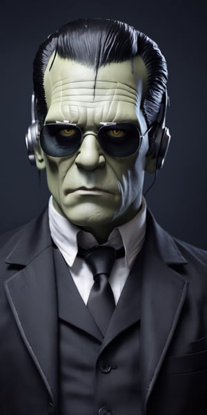 Halloween, use earphones:1.2, music, frankenstein, wearing rebel sunglasses, neat suit, upper body, Simple dark background