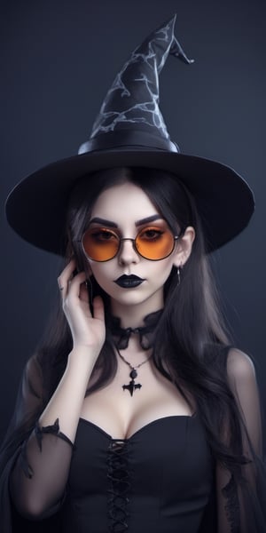 Halloween, use earphones:1.2, music, Witch, wearing rebellious sunglasses, charming suit, wearing a dress, upper body, Simple dark background