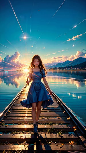 (masterpiece:1.2, best quality:1.2), (ultra detailed), (realistic), beautiful, high quality, highres:1.1, aesthetic), a girl walking on a ((railroad track)), arms open and smiling, The railroad track is on the water, with the  horizon in the distance, There is no land, The sky is reflected water's surface, She wearing a white summer dress, white thunderclouds floating deep blue sky, lens flare, ray tracing, photo quality, high contrast summer scene,	 SILHOUETTE LIGHT PARTICLES