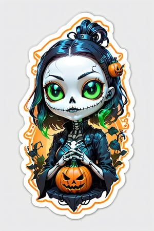 sticker, centered, ((solo)), digital art, 'Halloween', cute Jack-o'-lantern pumpkin head, chibi, orange, neon lights, | (white background: 1.2), simple background, creepy Cyberpunk artwork inspired by Jack Skellington from The Nightmare Before Christmas, set in a futuristic fashion cyberpunk universe. Sexy, Emphasize her seductive allure, beautiful face, perfect eyes, perfect nose shape, perfect lips, perfect hands, vibrant green foliage, neon-lit cityscape, and intricate cybernetic enhancements. Capture the essence of danger and allure in this cyberpunk masterpiece., cyberpunk style ,cyberpunk style