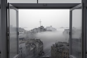 very wide shot,distant screen,eye-level,city outside the window,(( vague  white fogs)),front view,gray scale,
