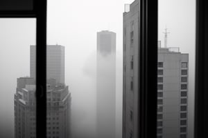 very wide shot,distant screen,eye-level,buildings outside the window,(( vague  white fogs)),front view,gray scale,