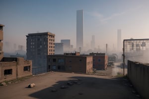 school-surrvival-horror game,ruins city in white smog, far distant,background,perspective