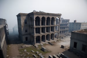 school-surrvival-horror game,ruins buildings cover in white fog aerial perspective,eye level