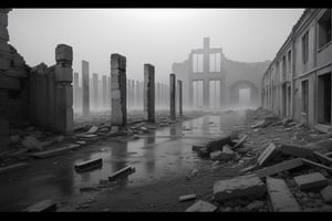 very wide shot,distant screen,eye-level,single ruins apartment ,(( vague  white fogs)),buttom-up,front view,gray scale,