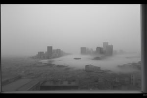 very wide shot,distant screen,eye-level,city outside the window,(( vague  white fogs)),front view,gray scale,perspective