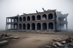 school-surrvival-horror game,ruins buildings cover in white fog ,aerial perspective,eye level,very wide shot,distant screen