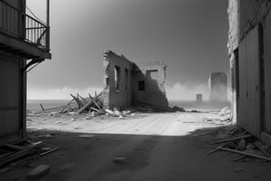 very wide shot,distant screen,eye-level,single ruins apartment ,(( vague  white fogs)),buttom-up,front view,gray scale,