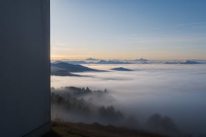 very wide shot,distant screen,eye-level, many  vague countryside buildings under fogs outside window,buttom-up,perspective