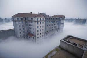 school-surrvival-horror game,Vague ruins town buildings cover in white fog ,aerial perspective,eye level,very wide shot,distant screen,bottom-up