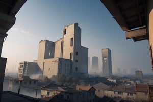 school-surrvival-horror game,ruins city in white smog outside the windows,wired atmosphere, far distant,background,perspective,wide shot,sky box