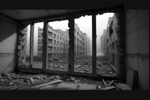 very wide shot,distant screen,eye-level, many vague ruins apartment buildings under fogs outside window,buttom-up,perspective,gray scale