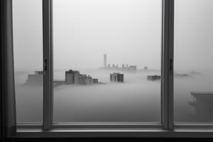 very wide shot,distant screen,eye-level,city outside the window,(( vague  white fogs)),front view,gray scale,perspective