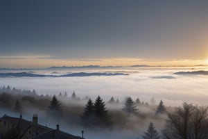 very wide shot,distant screen,eye-level,many countryside buildings under fogs outside window,buttom-up,perspective