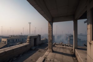 school-surrvival-horror game,ruins city in white smog,wired atmosphere, far distant,background,perspective,wide shot,sky box