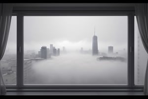 very wide shot,distant screen,eye-level,city outside the window,(( vague  white fogs)),front view,gray scale,perspective