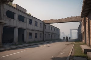 school-surrvival-horror game,ruins city in white smog, far distant