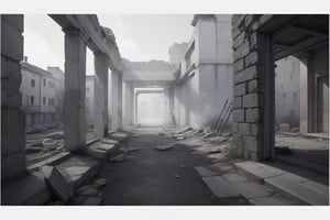 very wide shot,distant screen,eye-level,single ruins apartment ,(( vague  white fogs)),buttom-up, two-point perspective,gray scale,