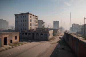 school-surrvival-horror game,ruins city in white smog, far distant,background,perspective,wide shot