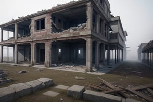 school-surrvival-horror game,ruins buildings in white fog outside the windows,wired atmosphere, far distant,background,perspective,wide shot,sky box