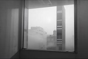 very wide shot,distant screen,eye-level,buildings outside the window,(( vague  white fogs)),front view,gray scale,