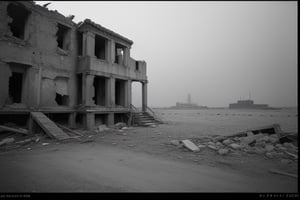 very wide shot,distant screen,eye-level,single ruins apartment ,(( vague  white fogs)),buttom-up,front view,gray scale,
