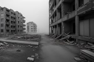 very wide shot,distant screen,eye-level, many vague ruins apartment buildings under fogs outside window,buttom-up,perspective,gray scale