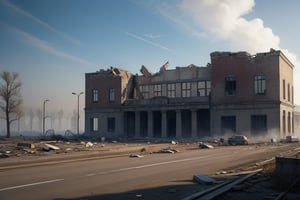 school-surrvival-horror game,ruins buildings in white smog outside the windows,wired atmosphere, far distant,background,perspective,wide shot,sky box