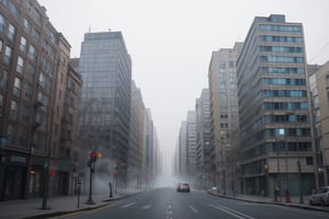 very wide shot,distant screen,eye-level, many  vague apartment buildings under fogs outside window,buttom-up,perspective