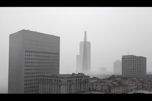 very wide shot,distant screen,eye-level,buildings outside the window,(( vague  white fogs)),front view,gray scale,