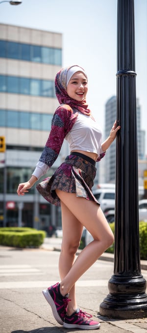 small breast, (nude bare naked), best posing, short hair, ((Perfect Face)), ((Sexy Face)), brunette, full body and head, Anders Zorn, full shot of a beautiful girl, batik hijab, shot from front, at highest city , full blur background, nice sneaker, short skirt cheerleader, candid, laughing