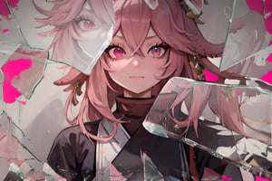 High Quality, Masterpiece, IncrsBrknGls, broken glass, reflection, , 1girl, yae miko, pink eyes, long hair, pink hair, animal ears, ,IncrsBrknGls,yaemikodef