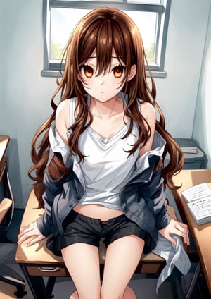 horiK, bedroom, desk, sitting in desk, hori kyouko, shorts, camisole 

