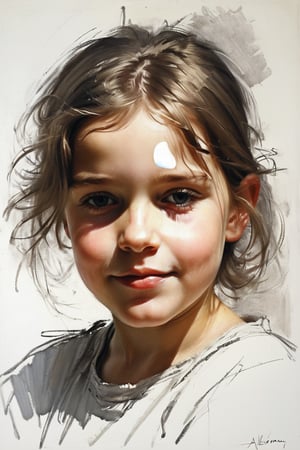 Masterpiece, highest quality, extreme clarity, dreamwave, aesthetic, portrait: girl-childrend 1 years old, open look (looks into the eyes), smiling charming , short brown hair, sketch, ruler, pencil, white background, portrait of Alexanov, Style of Nikolai Feshin, art oil painting, charcoal \ (medium \