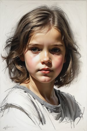 Masterpiece, highest quality, extreme clarity, dreamwave, aesthetic, portrait: girl-childrend 2 years old, open look (looks into the eyes), charming half-smile, short brown hair, sketch, ruler, pencil, white background, portrait of Alexanov, Style of Nikolai Feshin, art oil painting, charcoal \ (medium \