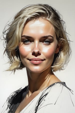 Masterpiece, best quality, dreamwave, aesthetic, 1woman, open look, (looking into the eyes), smiling charmingly sexy, short blonde hair, bob hairstyle,   sketch, lineart, pencil, white background, portrait by Nikolay Alexanov, Style by Nikolay Feshin, artistic oil painting stick,charcoal \(medium\),