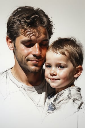 Masterpiece, best quality, dreamwave, aesthetic, portrait: 1 husband 29 years old and 1boy- chield 2 years old, open look, (looking into the eyes), t-shirt, smiling charmingly, short brown hair, sketch, lineart, pencil, white background, portrait by Alexanov, Style by Nikolay Feshin, artistic oil painting stick,charcoal \(medium\),