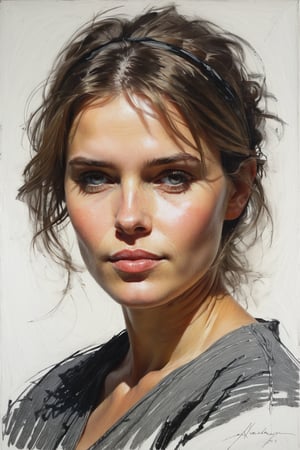 Masterpiece, highest quality, extreme clarity, dreamwave, aesthetic, portrait: 1 husband of 26 years old and 1 girl-childrend 2 years old, open look (looks into the eyes), charming half-smile, short brown hair, sketch, ruler, pencil, white background, portrait of Alexanov, Style of Nikolai Feshin, art oil painting, charcoal \ (medium \
