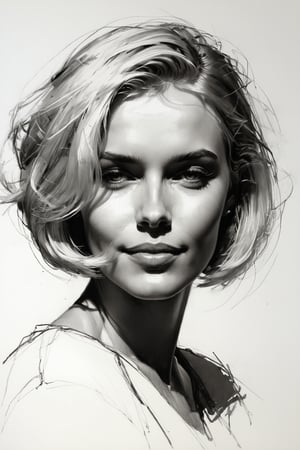 Masterpiece, best quality, dreamwave, aesthetic, 1woman, open look, (looking into the eyes), smiling charmingly sexy, short blonde hair, bob hairstyle,   sketch, lineart, pencil, white background, portrait by Nikolay Alexanov, Style by Nikolay Feshin, artistic oil painting stick,charcoal \(medium\),