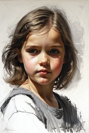 Masterpiece, highest quality, extreme clarity, dreamwave, aesthetic, portrait: girl-childrend 2 years old, open look (looks into the eyes), charming half-smile, short brown hair, sketch, ruler, pencil, white background, portrait of Alexanov, Style of Nikolai Feshin, art oil painting, charcoal \ (medium \
