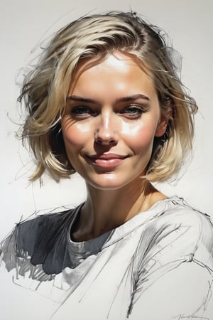 Masterpiece, best quality, dreamwave, aesthetic, 1woman, open look, (looking into the eyes), smiling charmingly sexy, short blonde hair, bob hairstyle,  t-shirt,  sketch, lineart, pencil, white background, portrait by Nikolay Alexanov, Style by Nikolay Feshin, artistic oil painting stick,charcoal \(medium\),