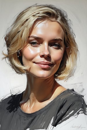 Masterpiece, best quality, dreamwave, aesthetic, 1woman, open look, (looking into the eyes), smiling charmingly sexy, short blonde hair, bob hairstyle,  t-shirt,  sketch, lineart, pencil, white background, portrait by Nikolay Alexanov, Style by Nikolay Feshin, artistic oil painting stick,charcoal \(medium\),