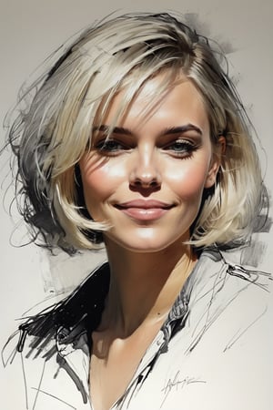 Masterpiece, best quality, dreamwave, aesthetic, 1woman, open look, (looking into the eyes), smiling charmingly sexy, short blonde hair, bob hairstyle,   sketch, lineart, pencil, white background, portrait by Alizee, Style by Nikolay Feshin, artistic oil painting stick,charcoal \(medium\),