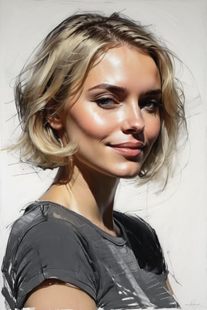 Masterpiece, best quality, dreamwave, aesthetic, 1woman, open look, (looking into the eyes), smiling charmingly sexy, short blonde hair, bob hairstyle,  t-shirt,  sketch, lineart, pencil, white background, portrait by Nikolay Alexanov, Style by Nikolay Feshin, artistic oil painting stick,charcoal \(medium\),