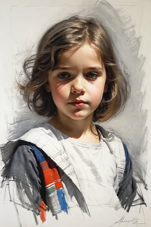 Masterpiece, highest quality, extreme clarity, dreamwave, aesthetic, portrait: girl-childrend 2 years old, open look (looks into the eyes), charming half-smile, short brown hair, sketch, ruler, pencil, white background, portrait of Alexanov, Style of Nikolai Feshin, art oil painting, charcoal \ (medium \